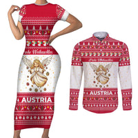 Austria Christmas Couples Matching Short Sleeve Bodycon Dress and Long Sleeve Button Shirt with Frohe Weihnachten Angel Design and Red White Holiday - Wonder Print Shop