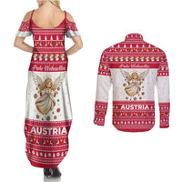 Austria Christmas Couples Matching Summer Maxi Dress and Long Sleeve Button Shirt with Frohe Weihnachten Angel Design and Red White Holiday - Wonder Print Shop