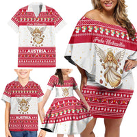 Austria Christmas Family Matching Off Shoulder Short Dress and Hawaiian Shirt with Frohe Weihnachten Angel Design and Red White Holiday - Wonder Print Shop