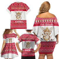 Austria Christmas Family Matching Off Shoulder Short Dress and Hawaiian Shirt with Frohe Weihnachten Angel Design and Red White Holiday - Wonder Print Shop