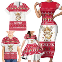 Austria Christmas Family Matching Short Sleeve Bodycon Dress and Hawaiian Shirt with Frohe Weihnachten Angel Design and Red White Holiday - Wonder Print Shop
