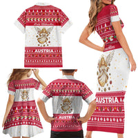 Austria Christmas Family Matching Short Sleeve Bodycon Dress and Hawaiian Shirt with Frohe Weihnachten Angel Design and Red White Holiday - Wonder Print Shop
