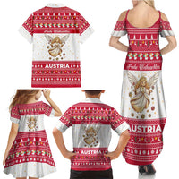 Austria Christmas Family Matching Summer Maxi Dress and Hawaiian Shirt with Frohe Weihnachten Angel Design and Red White Holiday - Wonder Print Shop