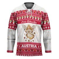 Austria Christmas Hockey Jersey with Frohe Weihnachten Angel Design and Red White Holiday - Wonder Print Shop