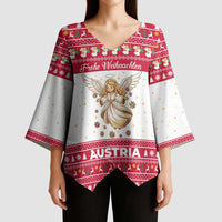 Austria Christmas Kimono Sleeve Blouse with Frohe Weihnachten Angel Design and Red White Holiday - Wonder Print Shop