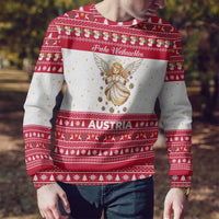 Austria Christmas Ugly Christmas Sweater with Frohe Weihnachten Angel Design and Red White Holiday - Wonder Print Shop