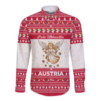 Austria Christmas Long Sleeve Button Shirt with Frohe Weihnachten Angel Design and Red White Holiday - Wonder Print Shop