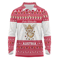 Austria Christmas Long Sleeve Polo Shirt with Frohe Weihnachten Angel Design and Red White Holiday - Wonder Print Shop