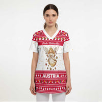Austria Christmas Scrub Top with Frohe Weihnachten Angel Design and Red White Holiday - Wonder Print Shop