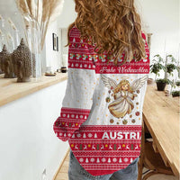 Austria Christmas Women Casual Shirt with Frohe Weihnachten Angel Design and Red White Holiday - Wonder Print Shop