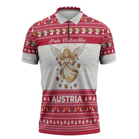 Austria Christmas Zipper Polo Shirt with Frohe Weihnachten Angel Design and Red White Holiday - Wonder Print Shop
