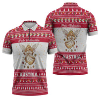 Austria Christmas Zipper Polo Shirt with Frohe Weihnachten Angel Design and Red White Holiday - Wonder Print Shop