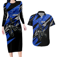 Personalized Extreme Motocross Couples Matching Long Sleeve Bodycon Dress and Hawaiian Shirt with Blue Rider – Dirt Bike Racing Design - Wonder Print Shop