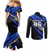 Personalized Extreme Motocross Couples Matching Mermaid Dress and Long Sleeve Button Shirt with Blue Rider – Dirt Bike Racing Design - Wonder Print Shop