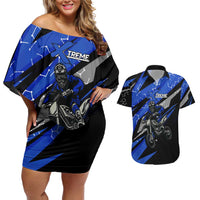 Personalized Extreme Motocross Couples Matching Off Shoulder Short Dress and Hawaiian Shirt with Blue Rider – Dirt Bike Racing Design - Wonder Print Shop