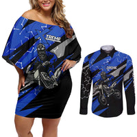 Personalized Extreme Motocross Couples Matching Off Shoulder Short Dress and Long Sleeve Button Shirt with Blue Rider – Dirt Bike Racing Design - Wonder Print Shop