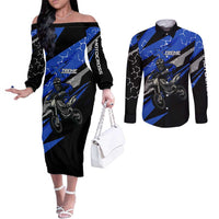 Personalized Extreme Motocross Couples Matching Off The Shoulder Long Sleeve Dress and Long Sleeve Button Shirt with Blue Rider – Dirt Bike Racing Design - Wonder Print Shop