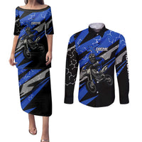 Personalized Extreme Motocross Couples Matching Puletasi and Long Sleeve Button Shirt with Blue Rider – Dirt Bike Racing Design - Wonder Print Shop