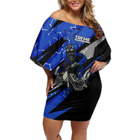 Personalized Extreme Motocross Family Matching Off Shoulder Short Dress and Hawaiian Shirt with Blue Rider – Dirt Bike Racing Design - Wonder Print Shop