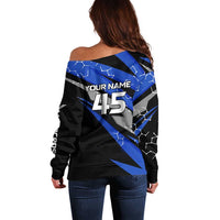 Personalized Extreme Motocross Off Shoulder Sweater with Blue Rider – Dirt Bike Racing Design - Wonder Print Shop