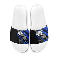 Personalized Extreme Motocross Slide Sandals with Blue Rider – Dirt Bike Racing Design - Wonder Print Shop