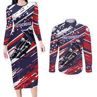Personalized Patriotic Motocross Couples Matching Long Sleeve Bodycon Dress and Long Sleeve Button Shirt with USA Flag Colors – Dirt Bike Racing Design - Wonder Print Shop