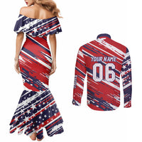 Personalized Patriotic Motocross Couples Matching Mermaid Dress and Long Sleeve Button Shirt with USA Flag Colors – Dirt Bike Racing Design - Wonder Print Shop