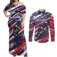 Personalized Patriotic Motocross Couples Matching Off Shoulder Maxi Dress and Long Sleeve Button Shirt with USA Flag Colors – Dirt Bike Racing Design - Wonder Print Shop