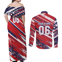 Personalized Patriotic Motocross Couples Matching Off Shoulder Maxi Dress and Long Sleeve Button Shirt with USA Flag Colors – Dirt Bike Racing Design - Wonder Print Shop