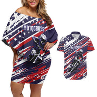 Personalized Patriotic Motocross Couples Matching Off Shoulder Short Dress and Hawaiian Shirt with USA Flag Colors – Dirt Bike Racing Design - Wonder Print Shop