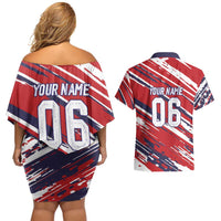 Personalized Patriotic Motocross Couples Matching Off Shoulder Short Dress and Hawaiian Shirt with USA Flag Colors – Dirt Bike Racing Design - Wonder Print Shop