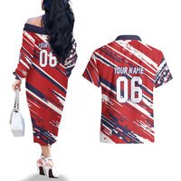 Personalized Patriotic Motocross Couples Matching Off The Shoulder Long Sleeve Dress and Hawaiian Shirt with USA Flag Colors – Dirt Bike Racing Design - Wonder Print Shop