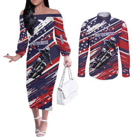 Personalized Patriotic Motocross Couples Matching Off The Shoulder Long Sleeve Dress and Long Sleeve Button Shirt with USA Flag Colors – Dirt Bike Racing Design - Wonder Print Shop