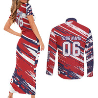 Personalized Patriotic Motocross Couples Matching Short Sleeve Bodycon Dress and Long Sleeve Button Shirt with USA Flag Colors – Dirt Bike Racing Design - Wonder Print Shop