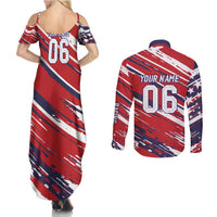 Personalized Patriotic Motocross Couples Matching Summer Maxi Dress and Long Sleeve Button Shirt with USA Flag Colors – Dirt Bike Racing Design - Wonder Print Shop