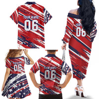 Personalized Patriotic Motocross Family Matching Off The Shoulder Long Sleeve Dress and Hawaiian Shirt with USA Flag Colors – Dirt Bike Racing Design - Wonder Print Shop
