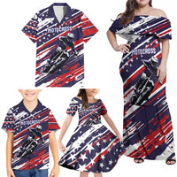 Personalized Patriotic Motocross Family Matching Off Shoulder Maxi Dress and Hawaiian Shirt with USA Flag Colors – Dirt Bike Racing Design - Wonder Print Shop