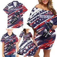 Personalized Patriotic Motocross Family Matching Off Shoulder Short Dress and Hawaiian Shirt with USA Flag Colors – Dirt Bike Racing Design - Wonder Print Shop