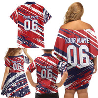 Personalized Patriotic Motocross Family Matching Off Shoulder Short Dress and Hawaiian Shirt with USA Flag Colors – Dirt Bike Racing Design - Wonder Print Shop