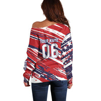 Personalized Patriotic Motocross Off Shoulder Sweater with USA Flag Colors – Dirt Bike Racing Design - Wonder Print Shop
