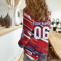 Personalized Patriotic Motocross Women Casual Shirt with USA Flag Colors – Dirt Bike Racing Design - Wonder Print Shop
