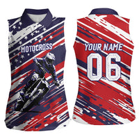 Personalized Patriotic Motocross Women Sleeveless Polo Shirt with USA Flag Colors – Dirt Bike Racing Design - Wonder Print Shop