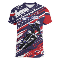Personalized Patriotic Motocross Women V-Neck T-Shirt with USA Flag Colors – Dirt Bike Racing Design - Wonder Print Shop