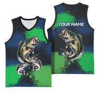 Personalized Bass Fishing Basketball Jersey with Jumping Fish – Green and Black Angler Design - Wonder Print Shop
