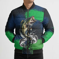 Personalized Bass Fishing Bomber Puffer Jacket with Jumping Fish – Green and Black Angler Design - Wonder Print Shop