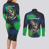 Personalized Bass Fishing Couples Matching Long Sleeve Bodycon Dress and Long Sleeve Button Shirt with Jumping Fish – Green and Black Angler Design - Wonder Print Shop