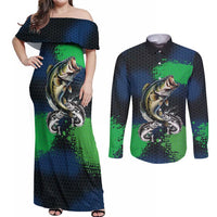 Personalized Bass Fishing Couples Matching Off Shoulder Maxi Dress and Long Sleeve Button Shirt with Jumping Fish – Green and Black Angler Design - Wonder Print Shop