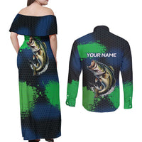 Personalized Bass Fishing Couples Matching Off Shoulder Maxi Dress and Long Sleeve Button Shirt with Jumping Fish – Green and Black Angler Design - Wonder Print Shop