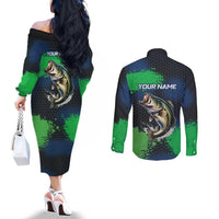 Personalized Bass Fishing Couples Matching Off The Shoulder Long Sleeve Dress and Long Sleeve Button Shirt with Jumping Fish – Green and Black Angler Design - Wonder Print Shop