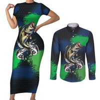 Personalized Bass Fishing Couples Matching Short Sleeve Bodycon Dress and Long Sleeve Button Shirt with Jumping Fish – Green and Black Angler Design - Wonder Print Shop